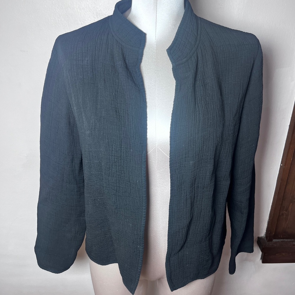 Eileen Fisher Petite PS Black Silk Rayon Textured Crinkle Open Front Jacket Lux